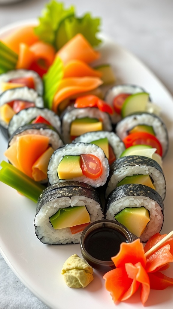 A delicious assortment of homemade sushi rolls with fish, avocado, and cucumber served with soy sauce and wasabi.